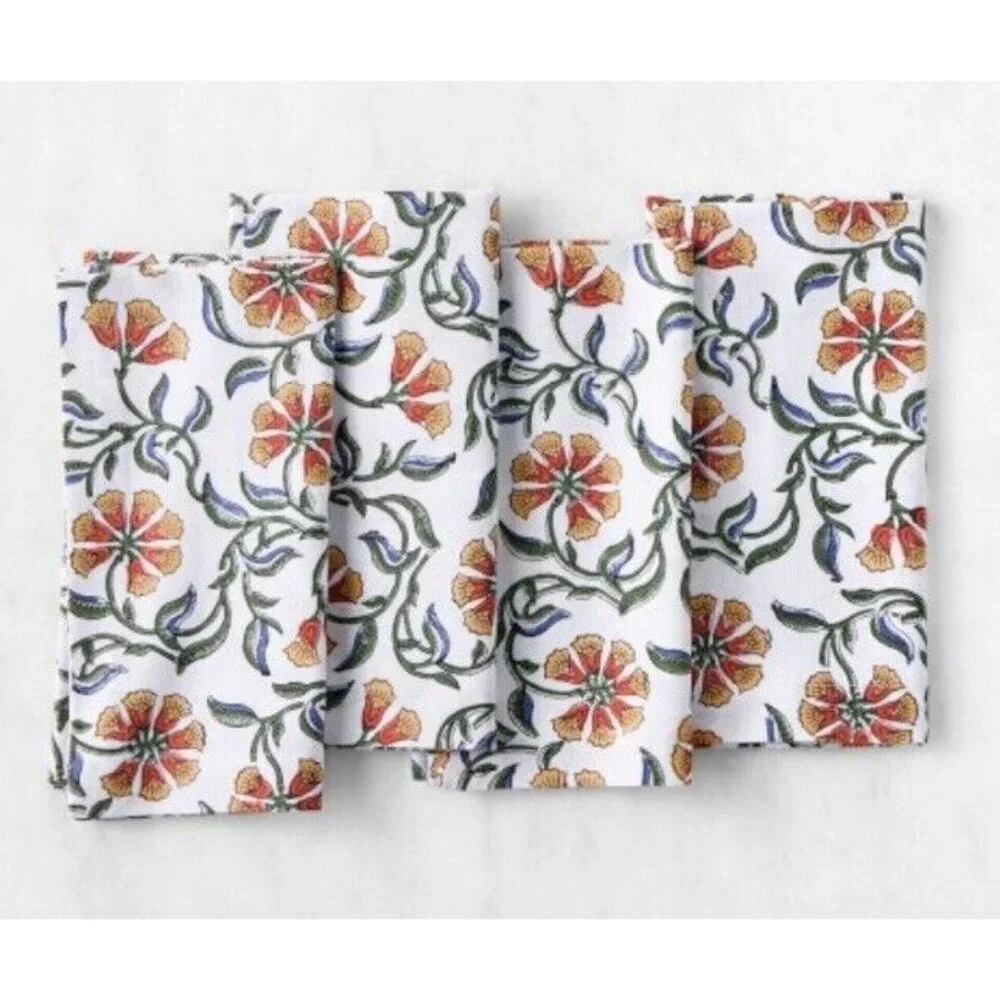 NWT WILLIAMS SONOMA Large Floral Flower DINNER NAPKINS SET OF FOUR 100% Cotton